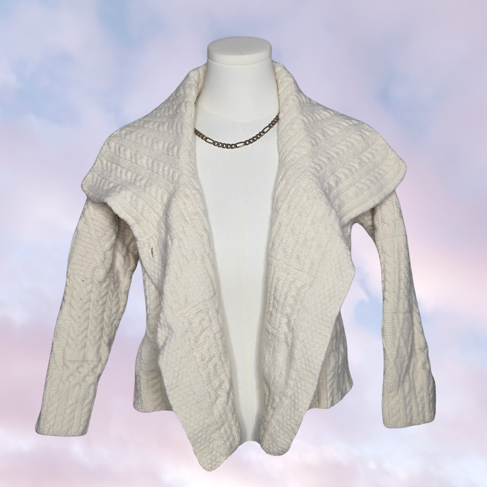 The Irish Store Cream 100% Merino Wool Cable Knit Cropped Open Cardigan Sz Small